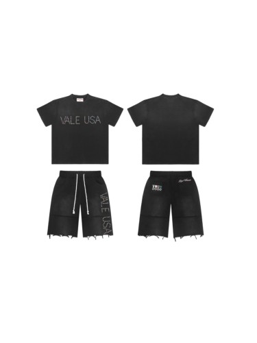 Wash Distressed Multi Color Rhinestone Print Tee & Shorts Set 29524991