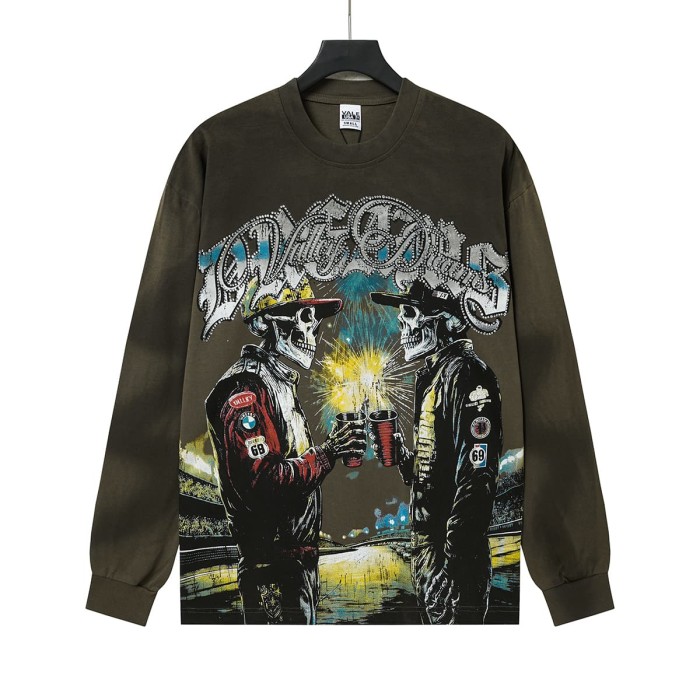 Wash Rhinestone Gothic Letter Skulls Toasting Cup Fireworks Long Sleeve T-shirt 2 colors 29524943