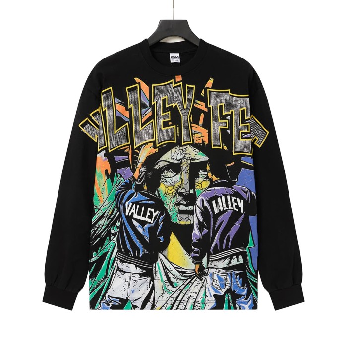 Smoke Dyed Back Rhinestone Valley Fest Letter Graffiti Figure Long Sleeve Tee 29524870