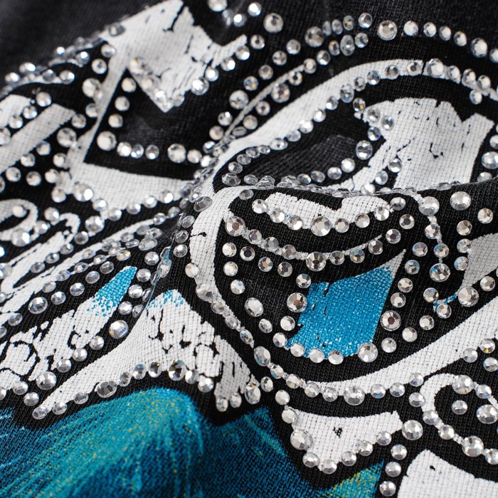Wash Rhinestone Gothic Letter Skulls Toasting Cup Fireworks Long Sleeve T-shirt 2 colors 29524943