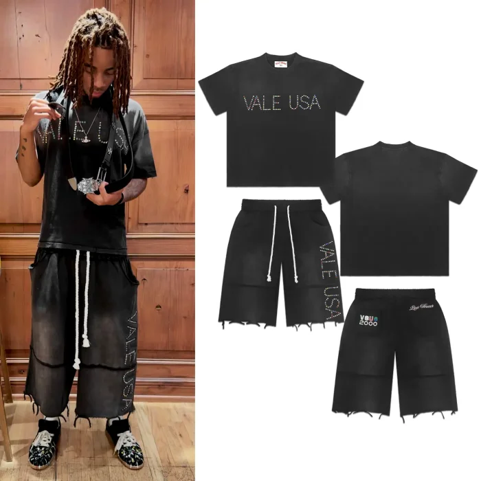 Wash Distressed Multi Color Rhinestone Print Tee & Shorts Set 29524991