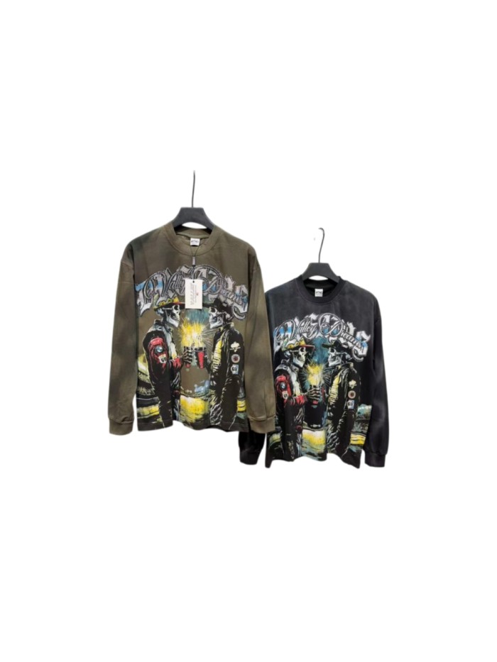 Wash Rhinestone Gothic Letter Skulls Toasting Cup Fireworks Long Sleeve T-shirt 2 colors 29524943