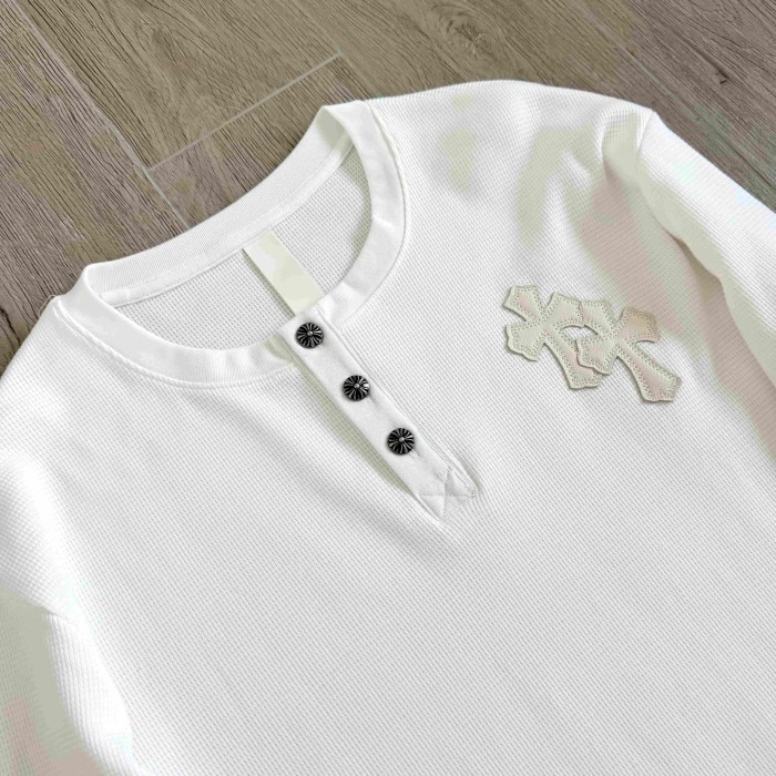 1:1 quality version Chest Sheepskin Cross Embroidery Button Waffle Long Sleeve Tee 3 colors 29530636