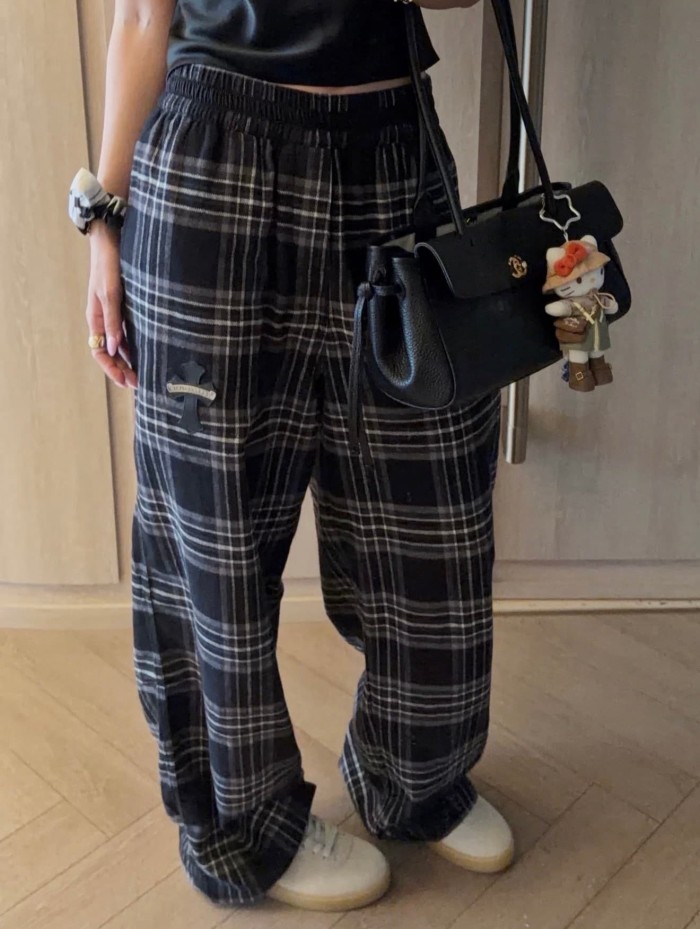1:1 quality version Sheepskin Cross Pure Cotton Flannel Black Grey Plaid Straight Loose Pants 29530860