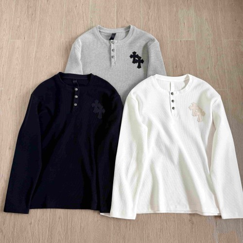 1:1 quality version Chest Sheepskin Cross Embroidery Button Waffle Long Sleeve Tee 3 colors 29530636