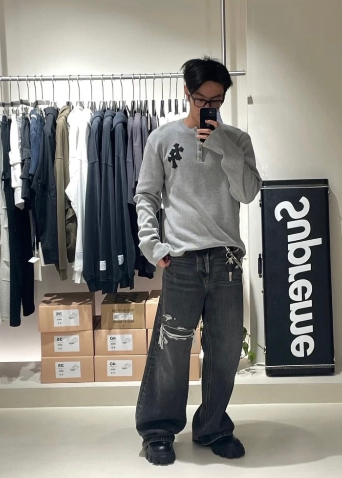 1:1 quality version Chest Sheepskin Cross Embroidery Button Waffle Long Sleeve Tee 3 colors 29530636