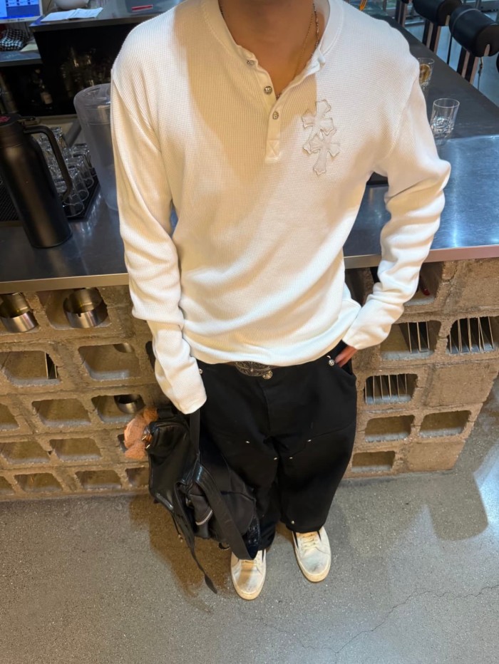 1:1 quality version Chest Sheepskin Cross Embroidery Button Waffle Long Sleeve Tee 3 colors 29530636