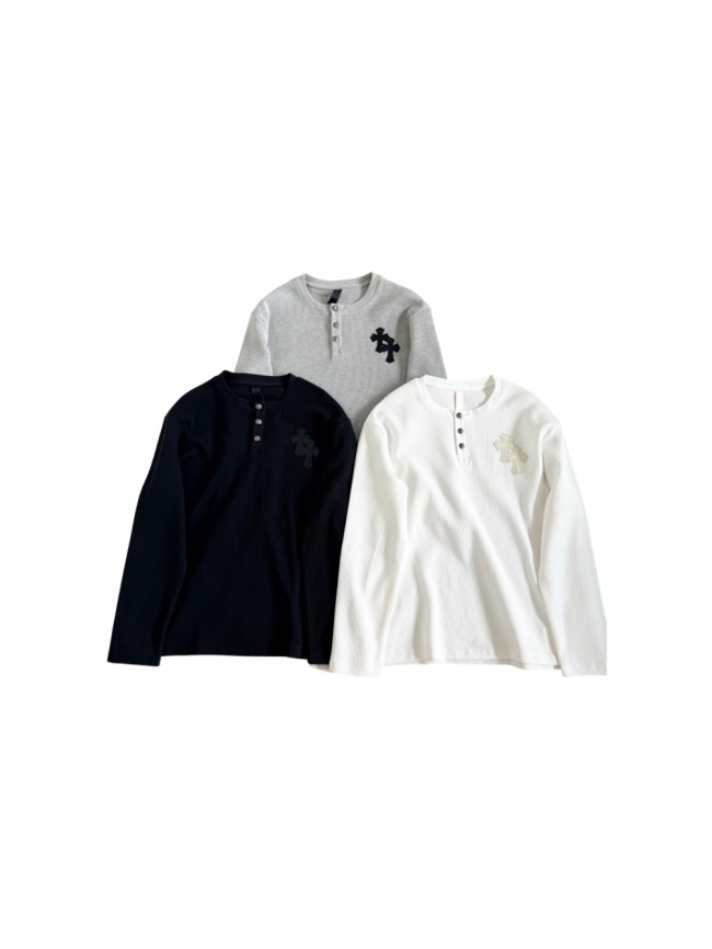 1:1 quality version Chest Sheepskin Cross Embroidery Button Waffle Long Sleeve Tee 3 colors 29530636