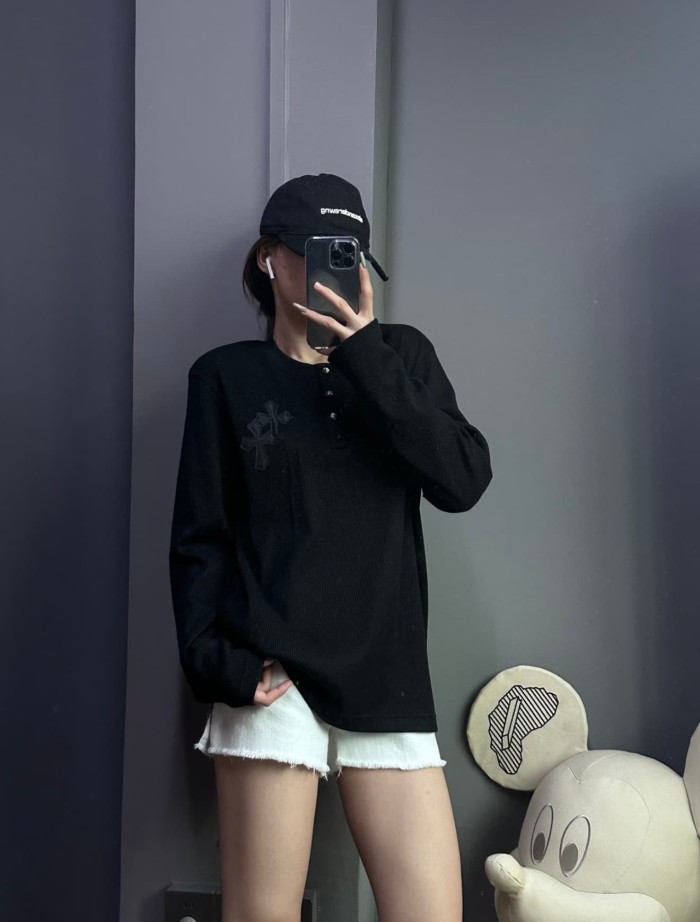 1:1 quality version Chest Sheepskin Cross Embroidery Button Waffle Long Sleeve Tee 3 colors 29530636