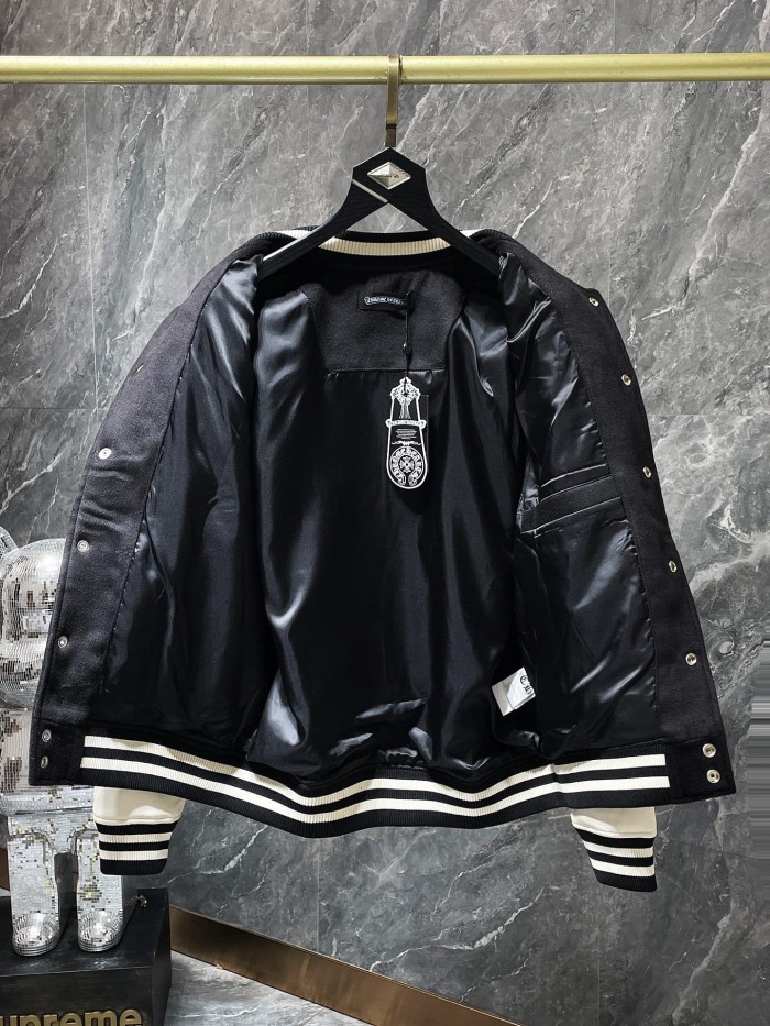 Sanskrit Cross Wool Leather Sleeve Spliced Thickened Baseball Jacket 29533457