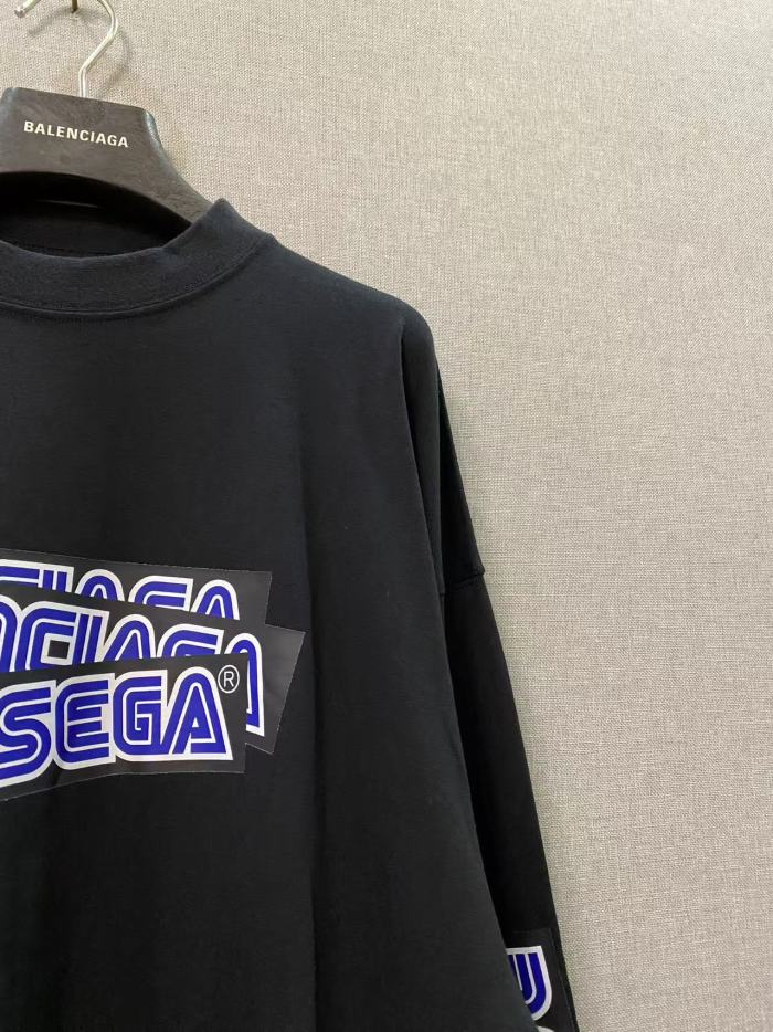 1:1 quality version Blue Overlapping Letter Tape Double Sleeve Loose Long Sleeve Tee 29533341