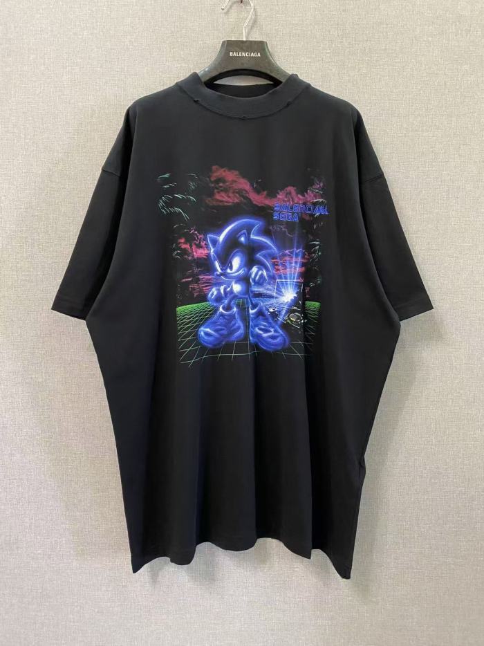 1:1 quality version Front Sonic Game Print Back Neon Letter Oversized Tee 29533350