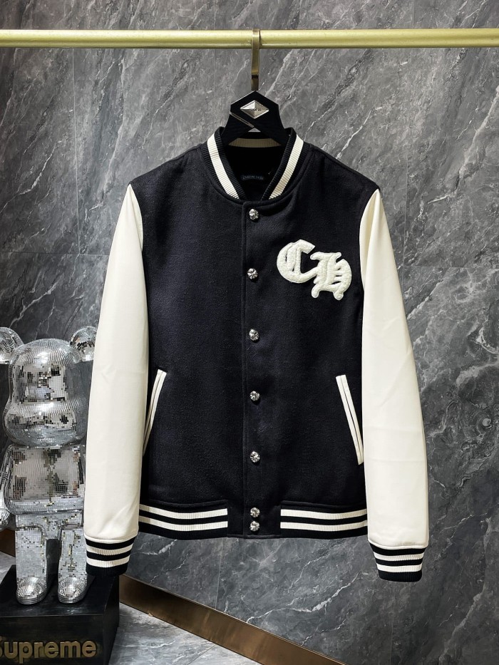Sanskrit Cross Wool Leather Sleeve Spliced Thickened Baseball Jacket 29533457