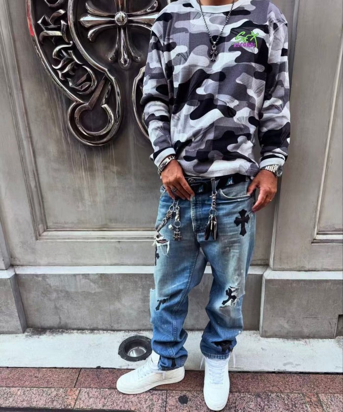 1:1 quality version White Grey Black Camouflage Mesh Waffle Long Sleeve Tee 29533002