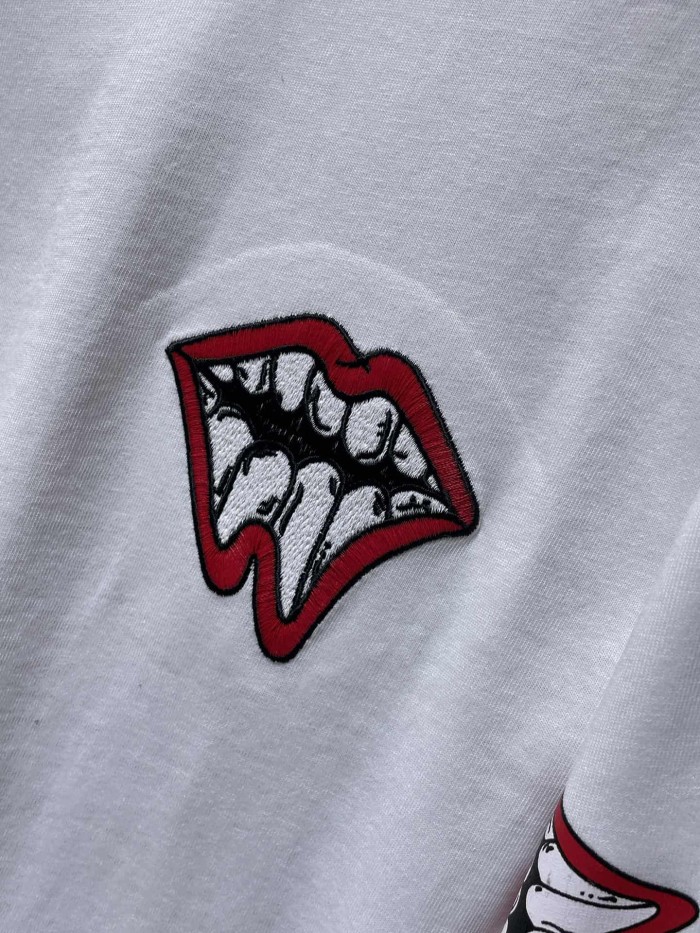 MattyBoy Red Lip Cross Stitch Embroidery Leather Spliced Long Sleeve Tee 2 colors 29533478