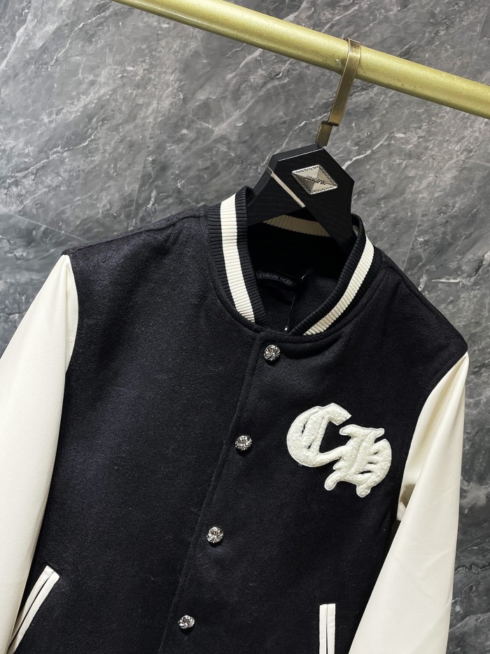 Sanskrit Cross Wool Leather Sleeve Spliced Thickened Baseball Jacket 29533457