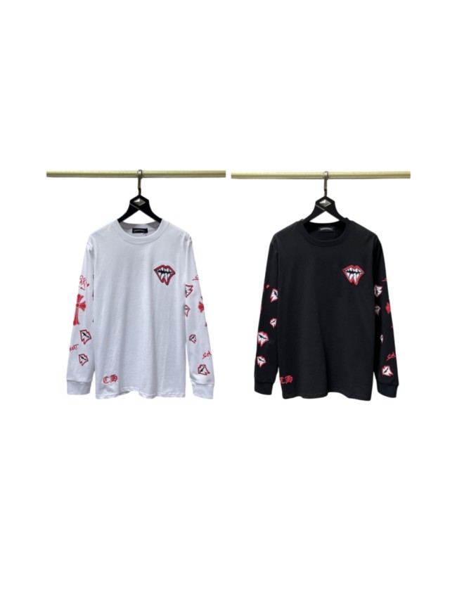 MattyBoy Red Lip Cross Stitch Embroidery Leather Spliced Long Sleeve Tee 2 colors 29533478