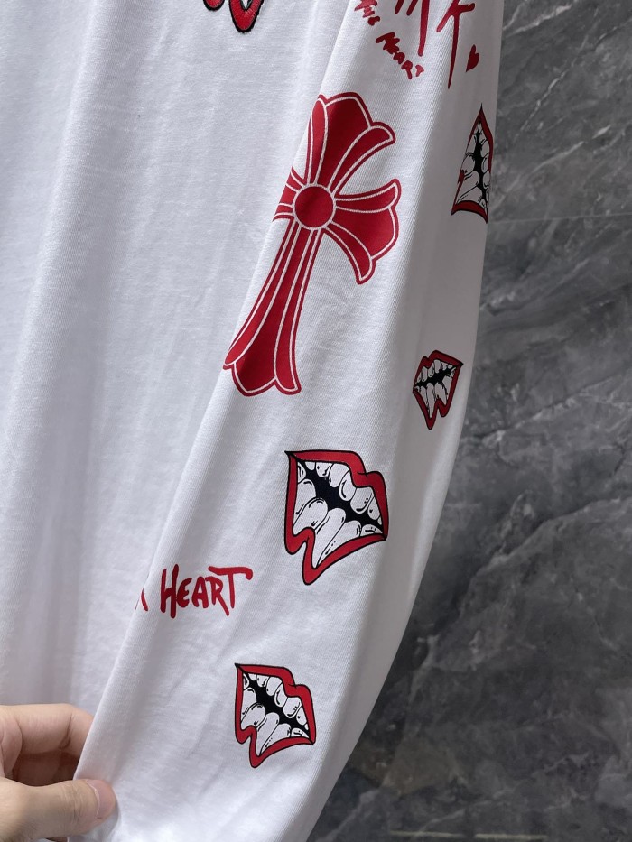 MattyBoy Red Lip Cross Stitch Embroidery Leather Spliced Long Sleeve Tee 2 colors 29533478