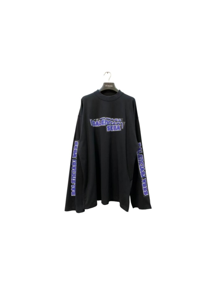 1:1 quality version Blue Overlapping Letter Tape Double Sleeve Loose Long Sleeve Tee 29533341
