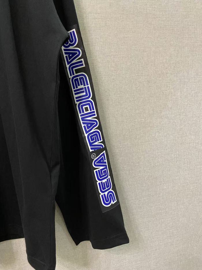 1:1 quality version Blue Overlapping Letter Tape Double Sleeve Loose Long Sleeve Tee 29533341
