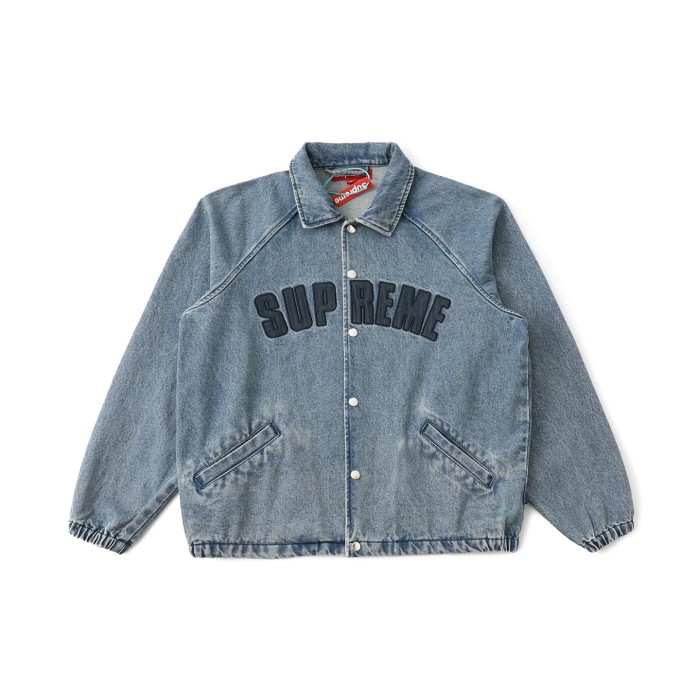Wash Denim Point Collar Chest Applique Large Letter Snap Coach Jacket 3 colors 29533425