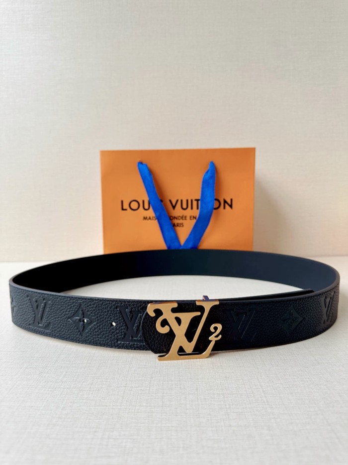 1:1 quality version LV Logo Buckle Strap Litchi Grain Embossed Belt 【Width 4.0 cm】3 colors 29543288
