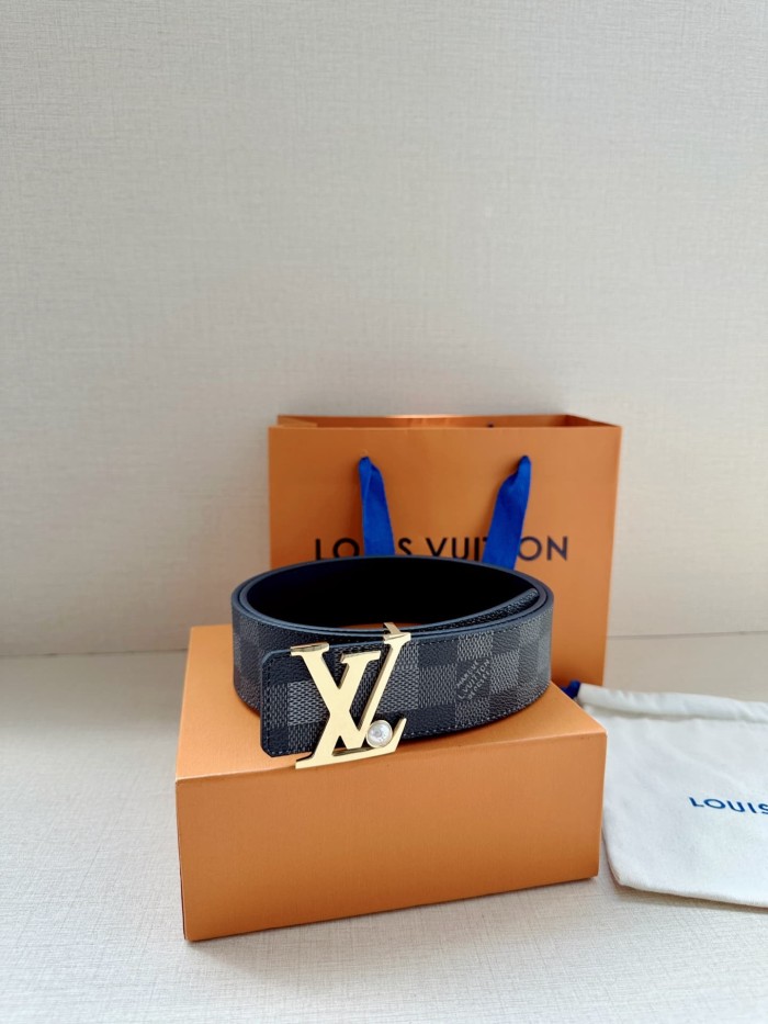 1:1 quality version Damier Graphite LV Letter Pearl Buckle Reversible Leather Belt 【Width 4.0 cm】29543280