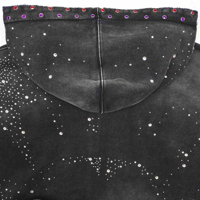 1:1 quality version Wash Allover Rhinestone Frayed Letter Patch Gem Placket Zip Up Hoodie 29545451