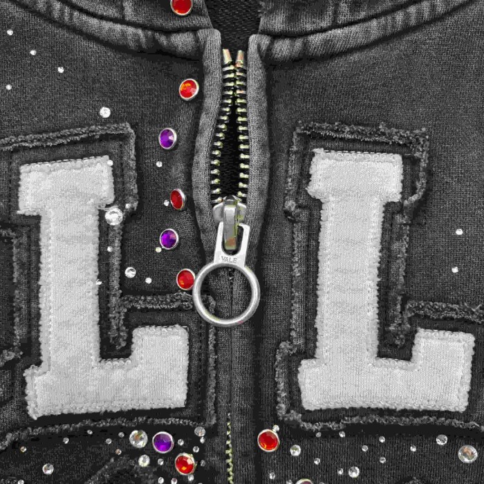 1:1 quality version Wash Allover Rhinestone Frayed Letter Patch Gem Placket Zip Up Hoodie 29545451