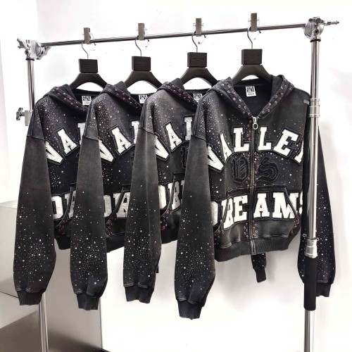 1:1 quality version Wash Allover Rhinestone Frayed Letter Patch Gem Placket Zip Up Hoodie 29545451