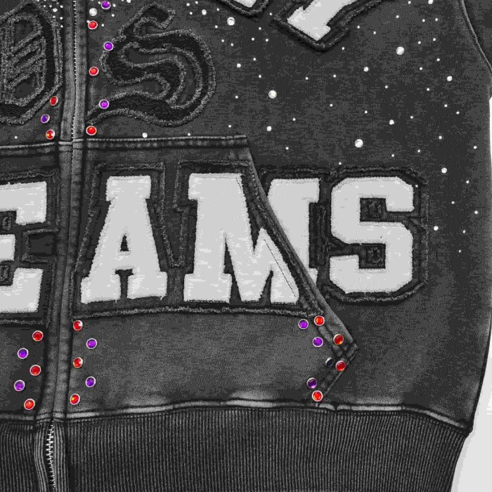 1:1 quality version Wash Allover Rhinestone Frayed Letter Patch Gem Placket Zip Up Hoodie 29545451
