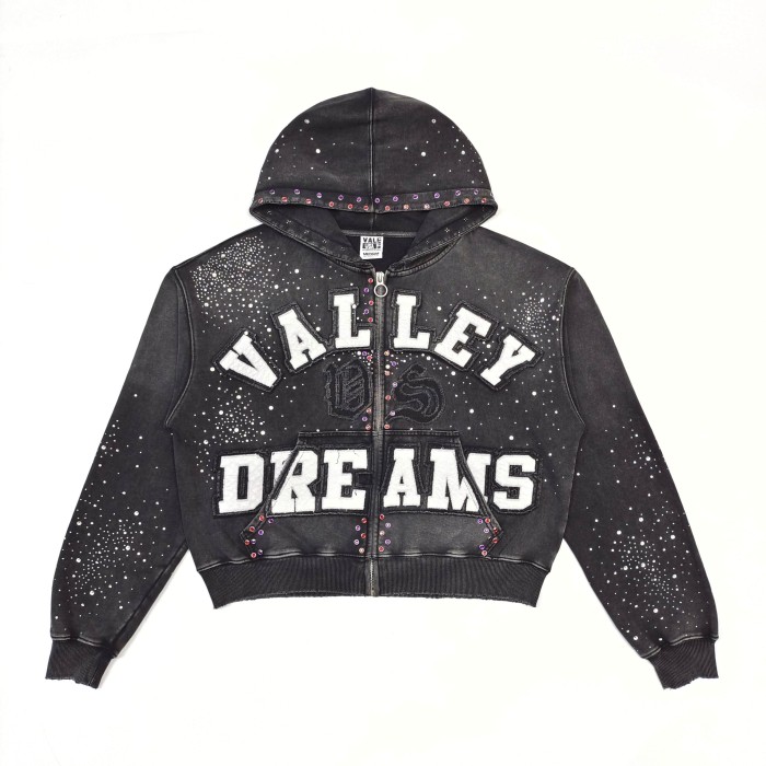 1:1 quality version Wash Allover Rhinestone Frayed Letter Patch Gem Placket Zip Up Hoodie 29545451