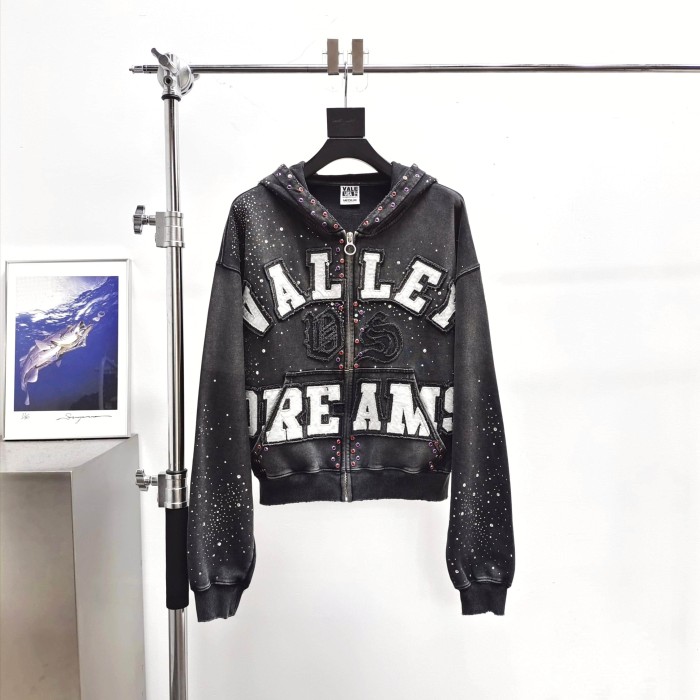 1:1 quality version Wash Allover Rhinestone Frayed Letter Patch Gem Placket Zip Up Hoodie 29545451