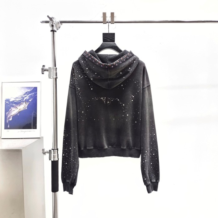1:1 quality version Wash Allover Rhinestone Frayed Letter Patch Gem Placket Zip Up Hoodie 29545451