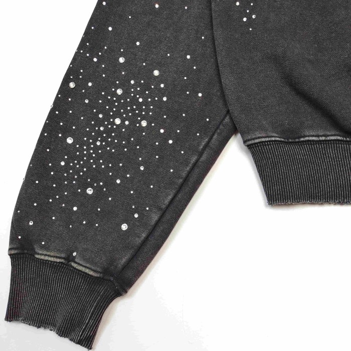 1:1 quality version Wash Allover Rhinestone Frayed Letter Patch Gem Placket Zip Up Hoodie 29545451