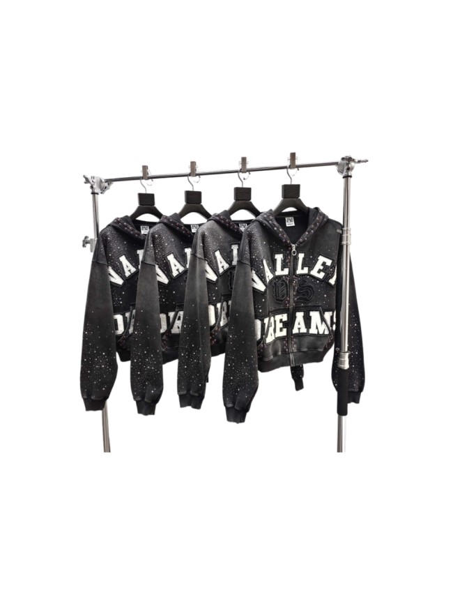 1:1 quality version Wash Allover Rhinestone Frayed Letter Patch Gem Placket Zip Up Hoodie 29545451