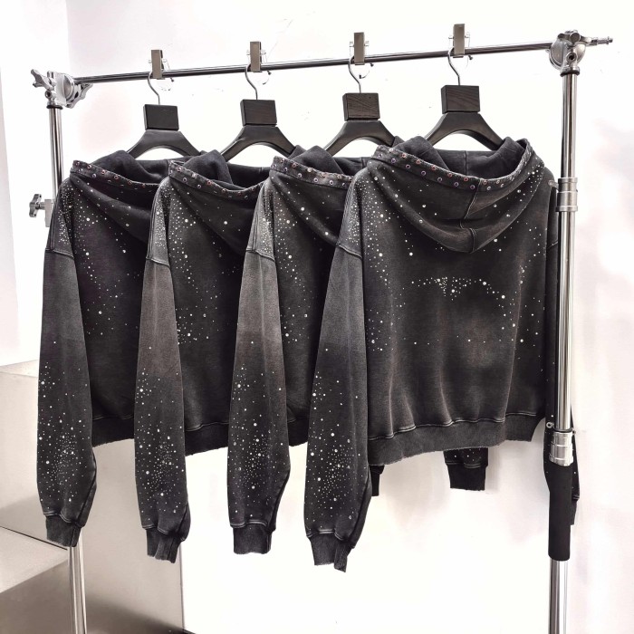 1:1 quality version Wash Allover Rhinestone Frayed Letter Patch Gem Placket Zip Up Hoodie 29545451