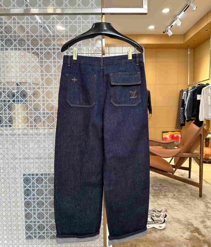 1:1 quality version Letter Four Leaf Flower Gold Thread Embroidery Lapel Denim Jacket & Jeans Set 29554228