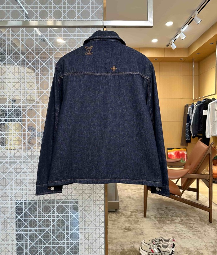 1:1 quality version Letter Four Leaf Flower Gold Thread Embroidery Lapel Denim Jacket & Jeans Set 29554228