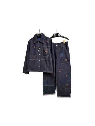 1:1 quality version Letter Four Leaf Flower Gold Thread Embroidery Lapel Denim Jacket & Jeans Set 29554228