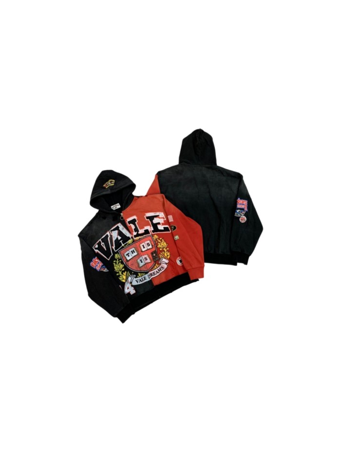 Black Red Split Wash Vintage Front Shield Badge Full Zip Hoodie 29557257
