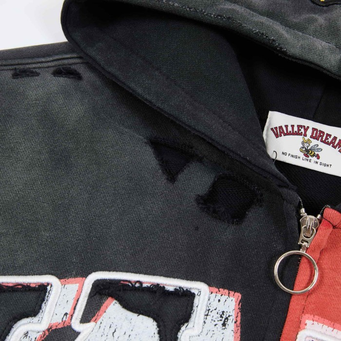 Black Red Split Wash Vintage Front Shield Badge Full Zip Hoodie 29557257