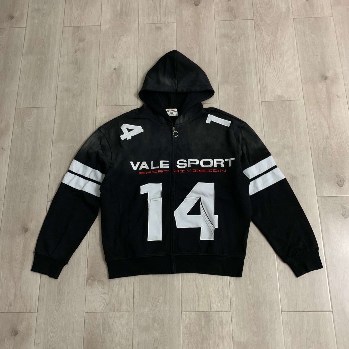 Washed Sport Slogan Number 14 Stripe Sleeve Full Zip Hoodie 29557261