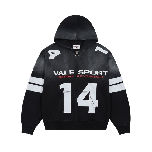 Washed Sport Slogan Number 14 Stripe Sleeve Full Zip Hoodie 29557261