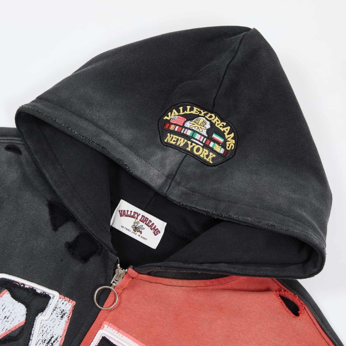 Black Red Split Wash Vintage Front Shield Badge Full Zip Hoodie 29557257