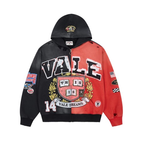 Black Red Split Wash Vintage Front Shield Badge Full Zip Hoodie 29557257