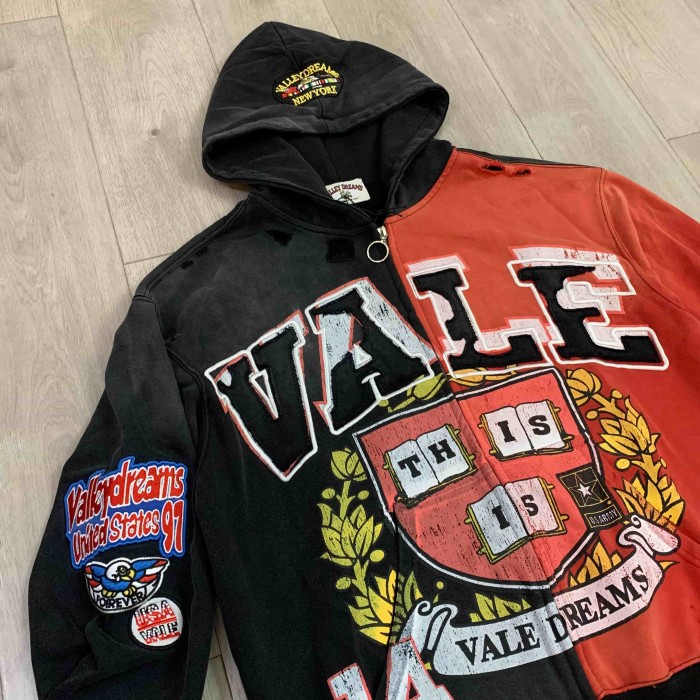 Black Red Split Wash Vintage Front Shield Badge Full Zip Hoodie 29557257