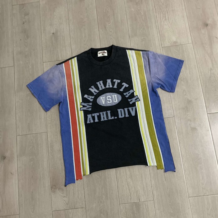 Washed Contrast Stripe Gradient Sleeve Varsity Patch Letter Tee 29557248