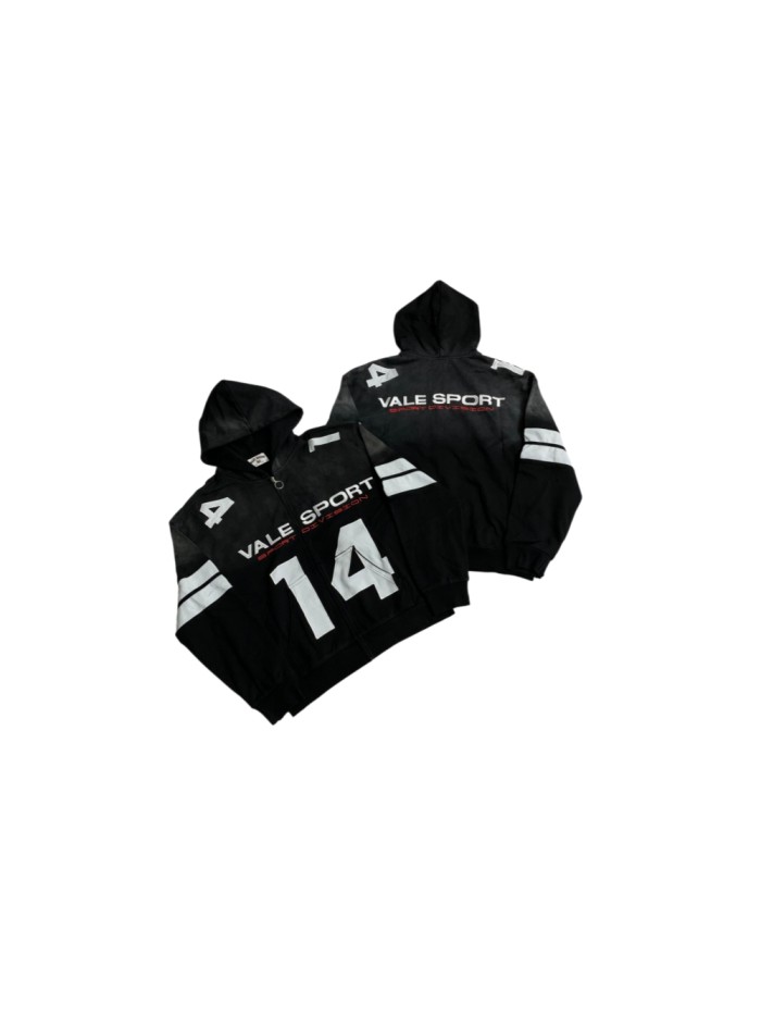 Washed Sport Slogan Number 14 Stripe Sleeve Full Zip Hoodie 29557261