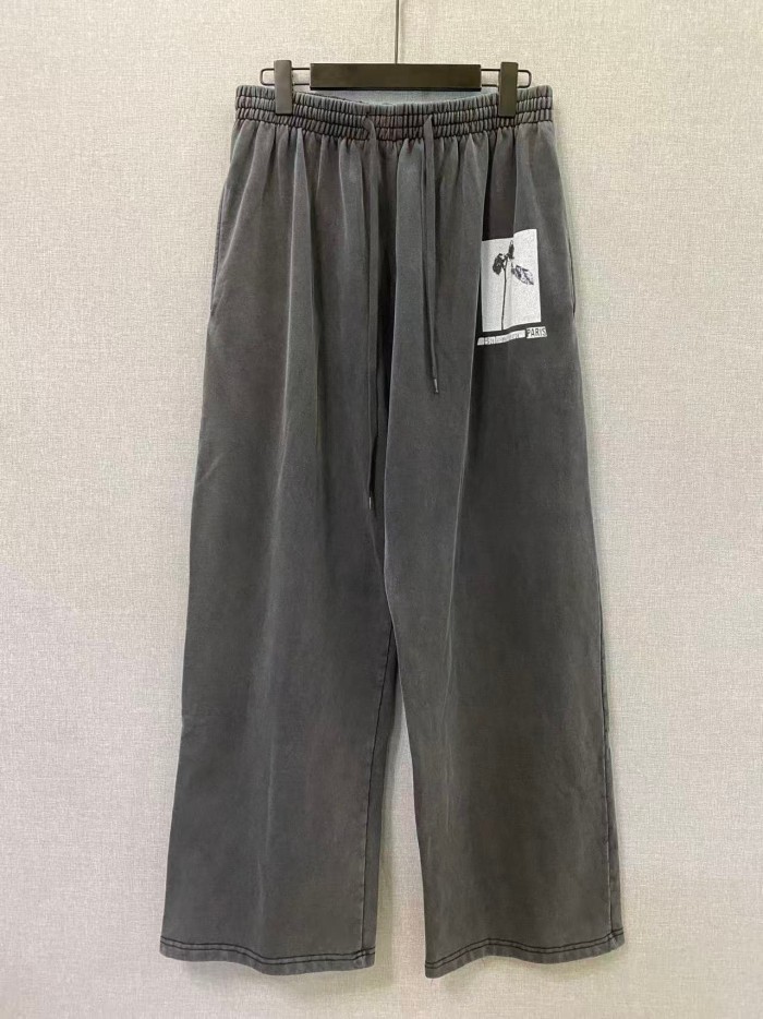 1:1 quality version Washed Side Plant Badge Print Elastic Drawstring Wide Leg Casual Pants 29559005